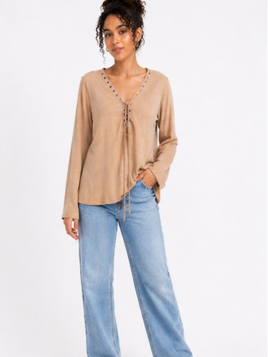 Tops - Women's Lace-Up V-Neck Long Sleeve Top - Tan